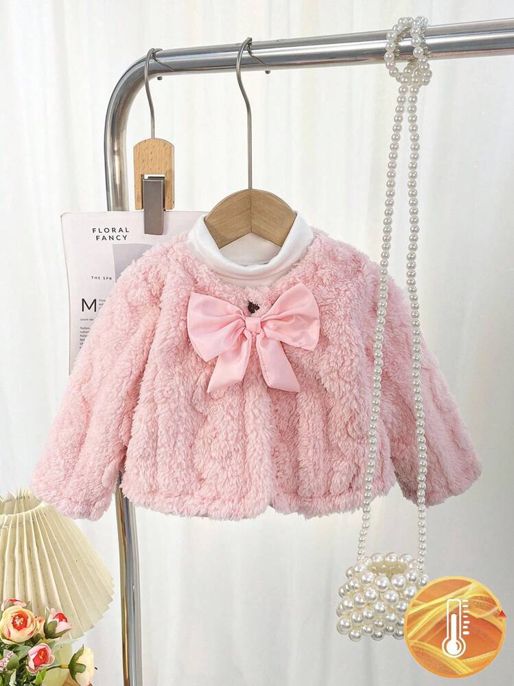 SHEIN Playful Pals 1pc Baby Girls' Plush Jacket, Thickened Fleece Coat, Korean Style Cute Bow Decor, Pink, Fashionable & Versatile, Suitable For Daily Wear In Winter Fall - Pink - View 3