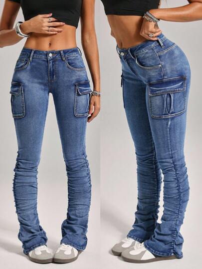 SHEIN Tall Women's Casual Distressed Slant Pocket Stacked Jeans