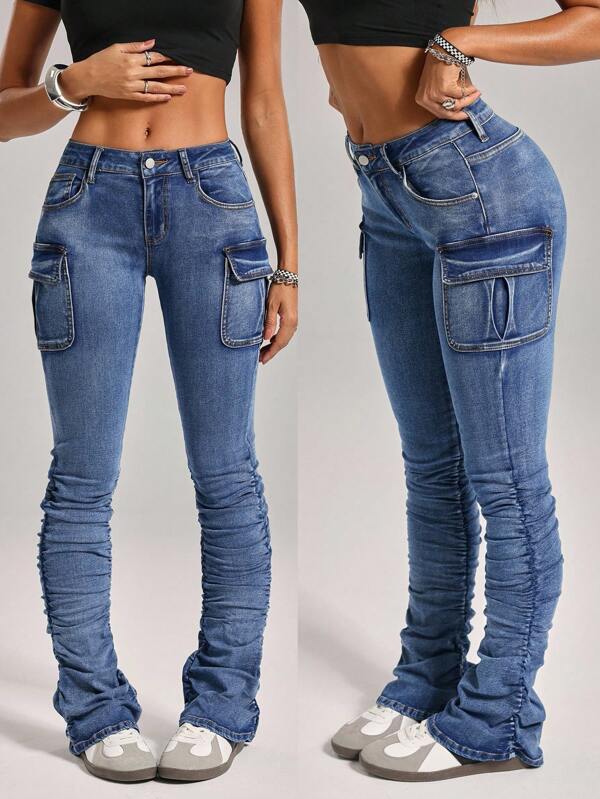 SHEIN Tall Women's Casual Distressed Slant Pocket Stacked Jeans