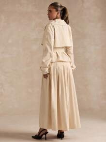 SHEIN BAE 女士纯色时尚双排扣翻领休闲夹克 - 杏色 - 查看 1