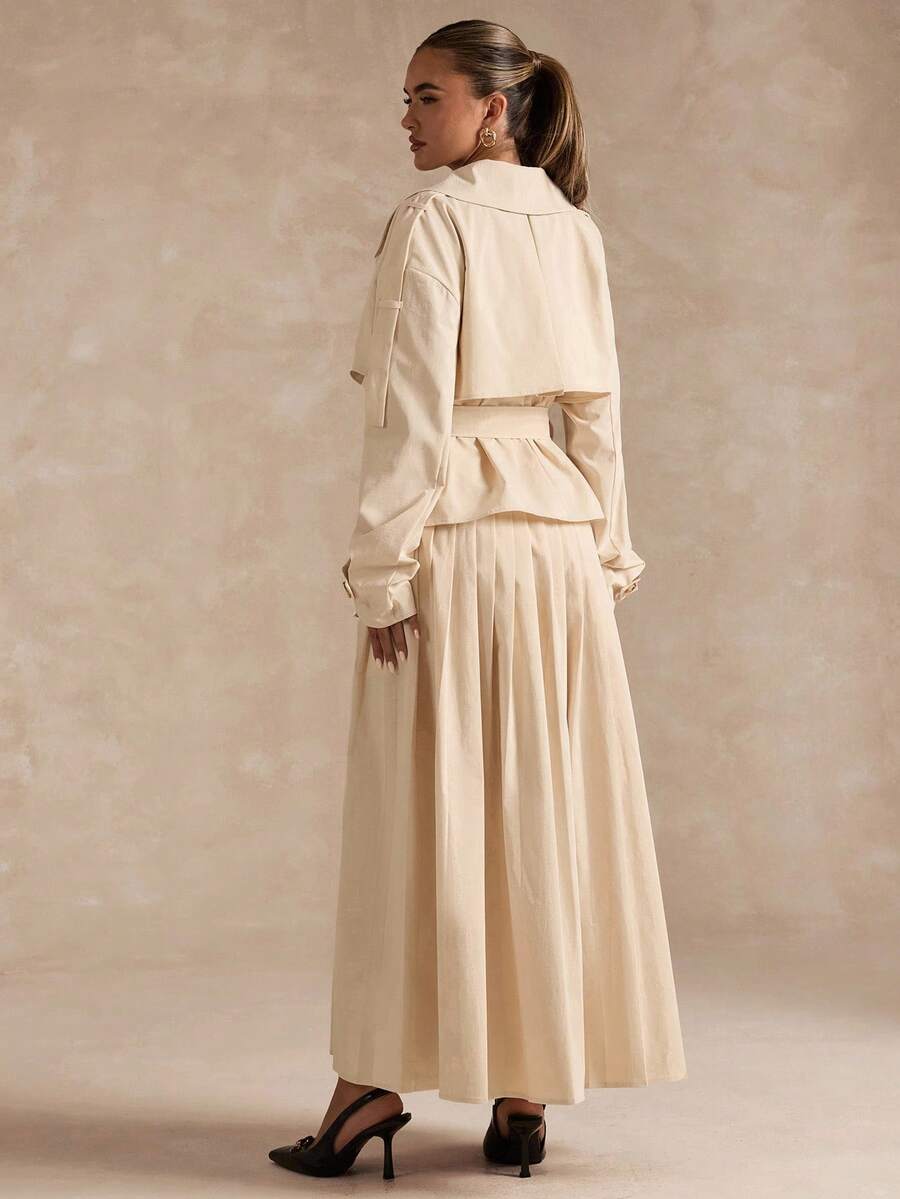 SHEIN BAE 女士纯色时尚双排扣翻领休闲夹克 - 杏色 - 查看 1