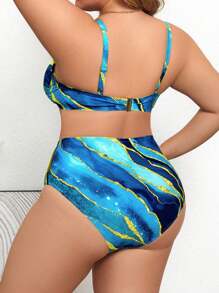 Swim Lushoire Plus Size Women Abstract Tie Dye Print Twist Front Bikini Set For Summer Beach Vacation - Blue - View 3