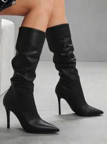 CUCCOO SZL Women's Rhinestone Pointed Toe Pleated Thigh High Boots, Fashionable For Date & Party Outfit For Christmas Spring Shoes - Black - View 10