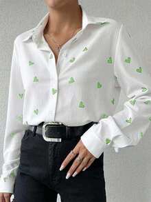 EURMUSE Chemise décontractée ample à manches longues et à simple boutonnage avec imprimé cœur pour femmes - Vert olive - Voir 3