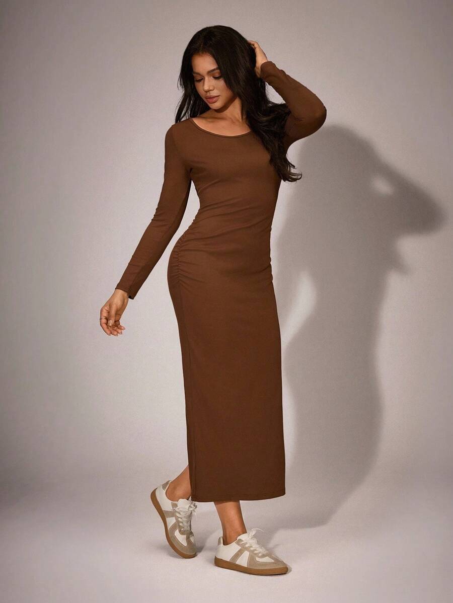 SHEIN Women's Slim Fit Long Round Neck Side Ruched Back Slit Hem Casual Dress, Fall