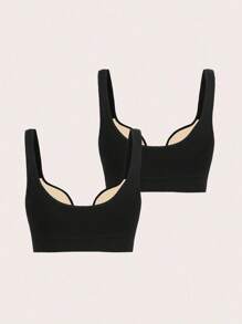 Gameset SHEIN Sport 女士纯色日常健身运动文胸 - 黑色 - 查看 6