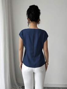 Selianne Casual Commuting All-Match Vacation Simple Loose Round Neck Bat Short Sleeve Asymmetrical Hem Design Soft Texture Material Blue Women's Shirt Summer Tops Women's Summer Clothing Summer Shirt Summer Clothes Women's Elegant Tops - Navy Blue - View 2