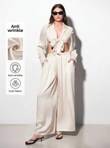 Maija Plus Size Women Summer Casual Work Front Center Strap Long-Sleeved Shirt Set - Beige - View 1