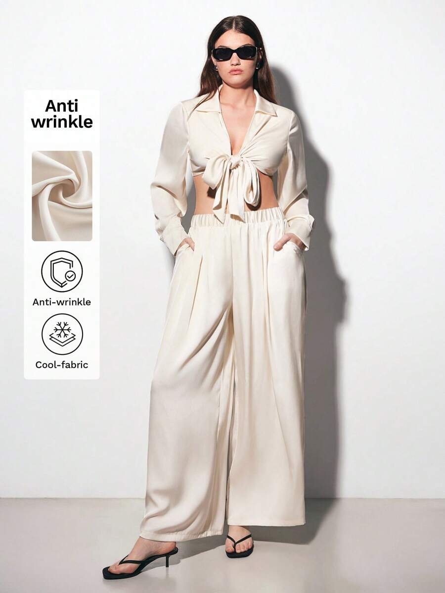 Maija Plus Size Women Summer Casual Work Front Center Strap Long-Sleeved Shirt Set - Beige - View 1