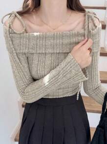 FRIFUL 女式杏色纹理露肩系带肩宽松长袖休闲修身T恤，秋季