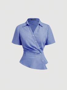 SHEIN MOD Áo sơ mi nữ cỡ lớn màu xanh navy sọc trắng cổ bẻ không đối xứng, thắt eo - Xanh đậm - Xem 1