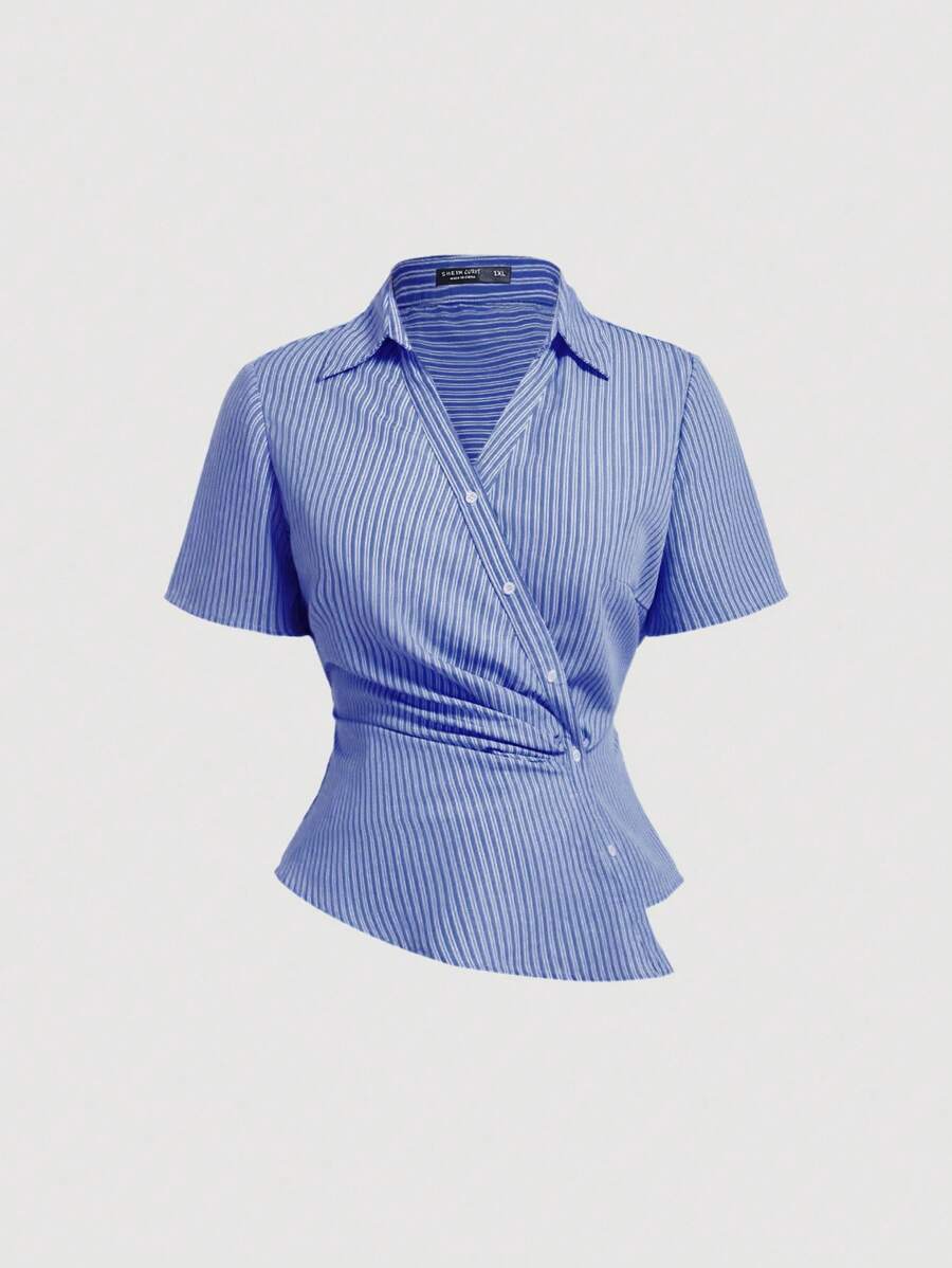 SHEIN MOD Áo sơ mi nữ cỡ lớn màu xanh navy sọc trắng cổ bẻ không đối xứng, thắt eo - Xanh đậm - Xem 1