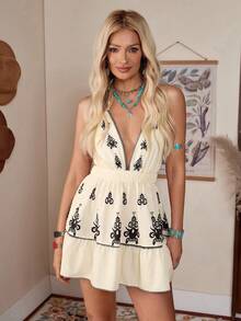 LanaWest 女式全印花露背荷葉邊仙女連衣裙，夏季無袖連衣裙 - 杏色 - 查看 3