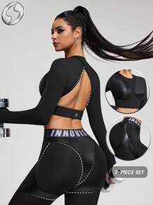 Innovista Woman Luxury Natural Tone Glossy Sports Sets Sophisticated Design Workout Clothes Athletic Outfits Training Breathable Active Crop Top T-Shirt Long Sleeves With Booty Lifting Leggings Phone Card Pocket Bottom Metallic Two Pieces Daily Yoga Cycle Biker HIIT Office To Court Brunch To Gym Function Athleisure All Day Stretchy Activewear Fall Comfort Affordable, Budget-Friendly, Gym Outfits