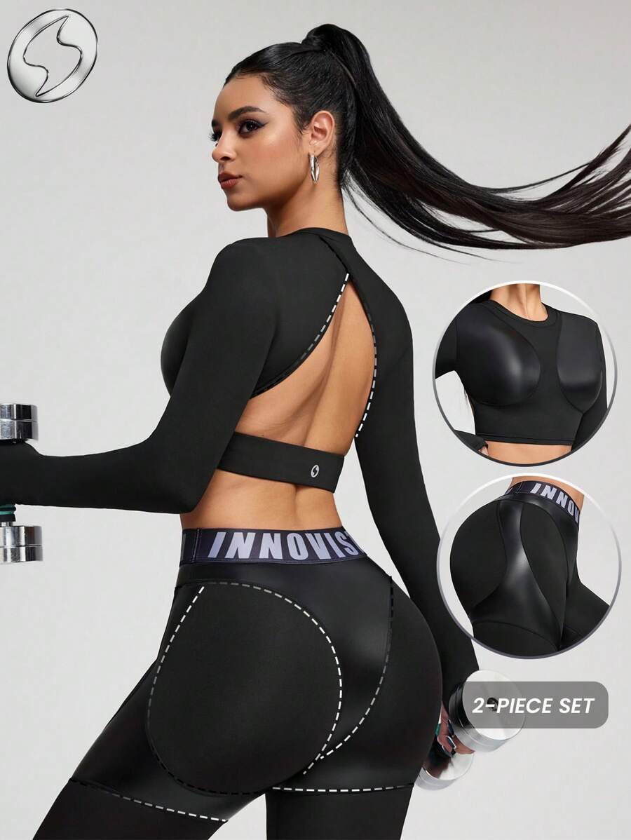 Innovista Woman Luxury Natural Tone Glossy Sports Sets Sophisticated Design Workout Clothes Athletic Outfits Training Breathable Active Crop Top T-Shirt Long Sleeves With Booty Lifting Leggings Phone Card Pocket Bottom Metallic Two Pieces Daily Yoga Cycle Biker HIIT Office To Court Brunch To Gym Function Athleisure All Day Stretchy Activewear Fall Comfort Affordable, Budget-Friendly, Gym Outfits