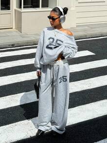 SHEIN EZwear Conjunto de 2 piezas con top de manga larga con estampado de letras y números en cuello asimétrico y pantalones largos con cordón en la cintura para mujer