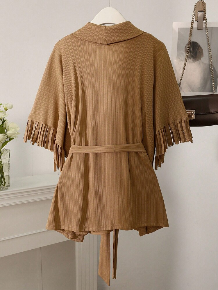 Lacomfia Knitted Ribbed Fringe Batwing Sleeve Tie-Up Loose Comfortable Casual Everyday Versatile Plus Size Jacket - Brown - View 2