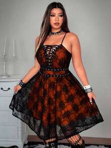 Whyspr 中世纪复古哥特式深色迷你连衣裙，女士蕾丝玫瑰吊带连衣裙 - 橘色 - 查看 8