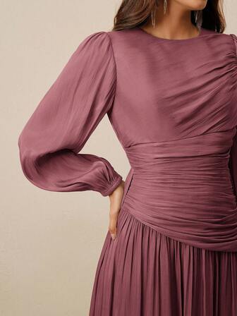 Anewsta Rochie lungă de damă, decolteu rotund, talie pliată, mâneci bufante, mâneci lungi, verde măsliniu, lucioasă, elegantă și versatilă