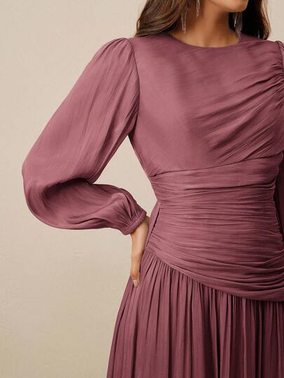 Anewsta Women's Long Dress, Round Neck, Waist Ruched, Puff Sleeve, Long Sleeve, Olive Green, Glossy, Elegant & Versatile Dress