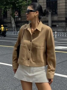 DAZY 时尚复古复古硬币图案棕色时尚高端牛仔夹克和外套 - 駝色 - 查看 7