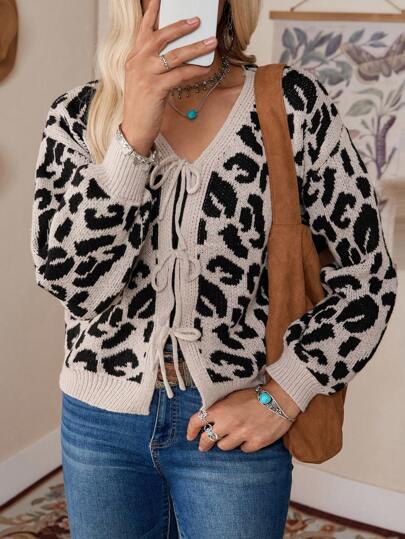 LanaWest Women's Casual V-Neck Leopard Print Contrast Color Bow Lantern Sleeve Cardigan Sweater, Autumn/Winter