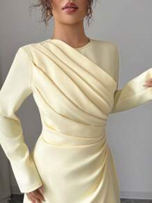 SHEIN Elenzya 女士优雅正式办公室通勤休闲度假派对复古教师秋季中东风格纯色圆领腰部褶皱 A 字长袖超长连衣裙，浅黄色 - Butter Yellow - 查看 2