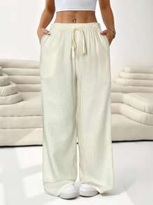 SHEIN EZwear Plus Size Solid Color Drawstring Pocket Casual Pants, Spring/Summer,Back To School - Beige - View 1