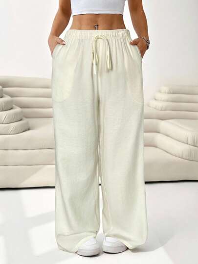 SHEIN EZwear Pantalones casuales de unicolor con bolsillo con cordón, talla grande, primavera/verano