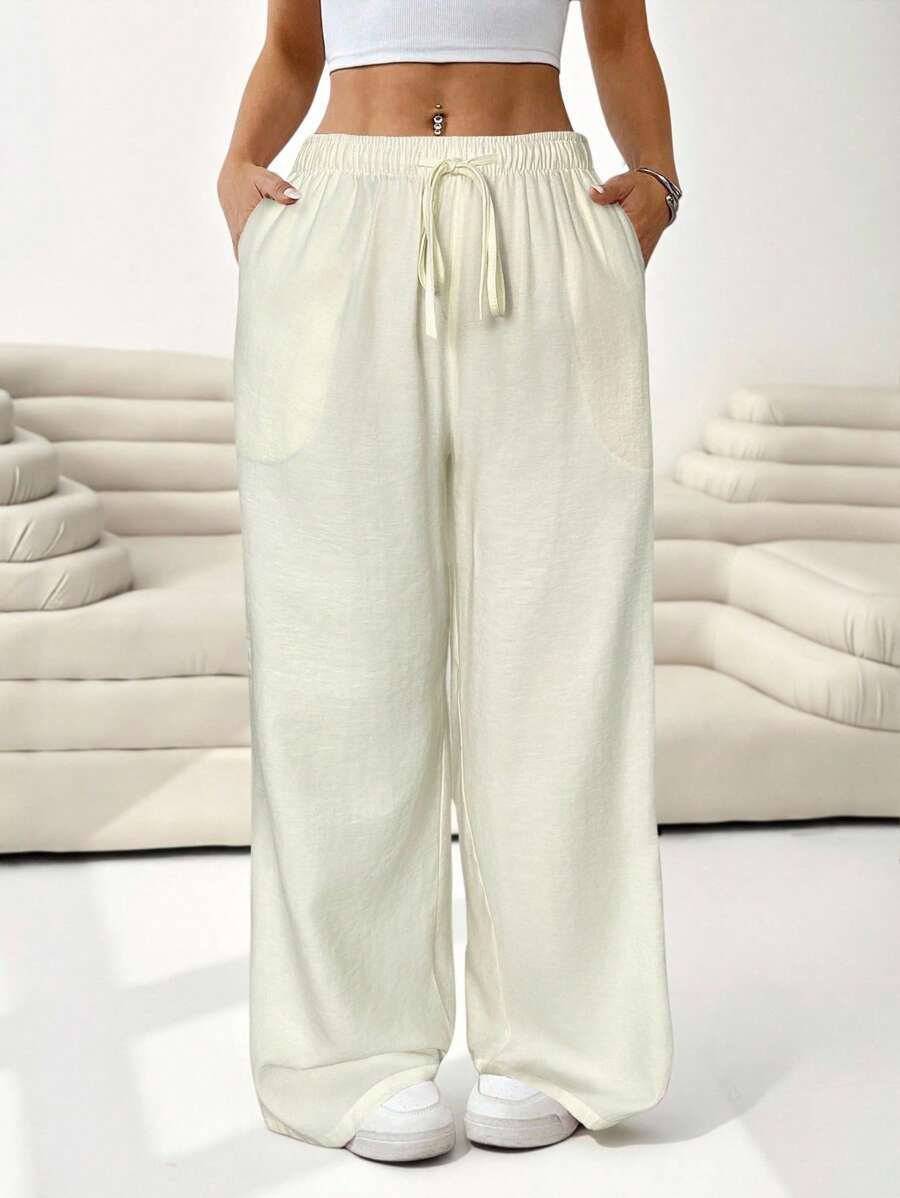 SHEIN EZwear Plus Size Solid Color Drawstring Pocket Casual Pants, Spring/Summer,Back To School - Beige - View 1
