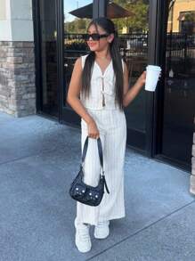 Bộ đồ hai mảnh Nova Glow Tween Girls Loose Casual Striped Vest And Wide Leg Pants - trắng - Xem 3