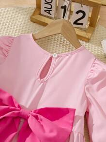 Elladie kids Vestido elegante para niña con cuello redondo, mangas farol, decoración de lazo exagerado y pliegues en contraste de color - Rosa - Ver 6