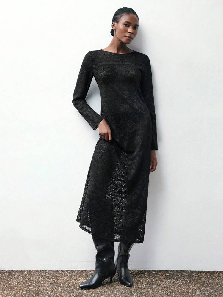 SHEIN Maija Women's Minimalist Solid Color Hollow Out Knitted Long Sleeve Dress,Elegant Dresses For Party