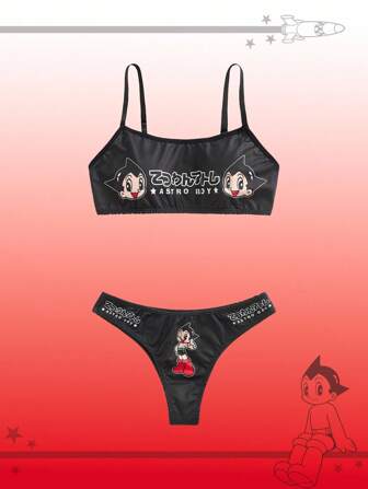 Astro Boy X ROMWE Women Cartoon Graphic Bra & Thong Lingerie Set