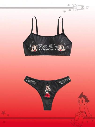 Astro Boy X ROMWE Women Cartoon Graphic Bra & Thong Lingerie Set