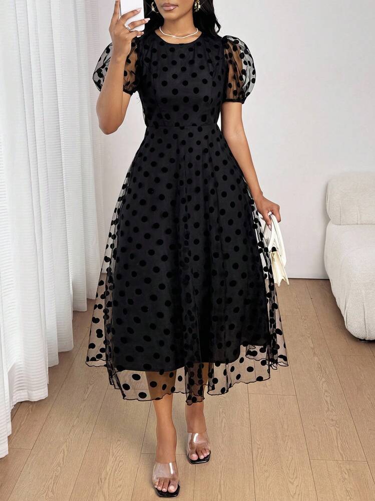 SHEIN Lady New Black Dress Mesh Fabric Polka Dot Elegant Dress Four Seasons Polka Dot Dress Fall Women Clothes Business Casual Woman Office Outfits For Women Work Outfits For Women Work Clothes Women Birthday Dress Church Outfits Women Concert Outfit Women Church Dresses For Women Airport Outfit For Women Business Casual Outfits Women Black Formal Dress Women Black Mini Dress Polka Dot Dress  Polka Dot Skirt,Black Dresses Classy Elegant - Black - View 8
