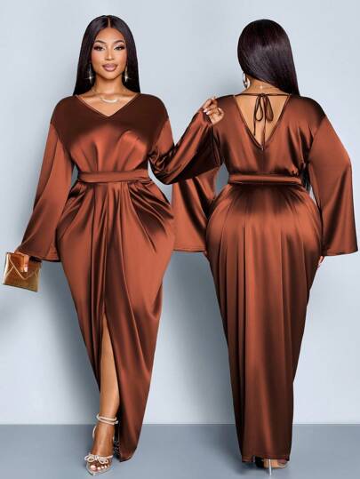 SOLERSUN Plus Size Fall And Spring New Style Shiny Stretch Satin Fabric V-Neck Pleated Waist Long Sleeve Slit Tie Bow Long Dress Elegant Office Birthday Party Ball Sexy Playful Cocktail Wedding Season Concert Dress Carnival Fashion Women's Clothing