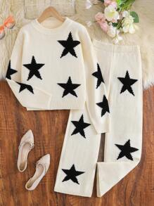 2 件套青少年女童毛衣套装，黑色星星提花针织套头衫搭配阔腿裤，舒适亲肤，春秋季时尚穿搭，适合居家穿着或送礼 - 杏色 - 查看 1
