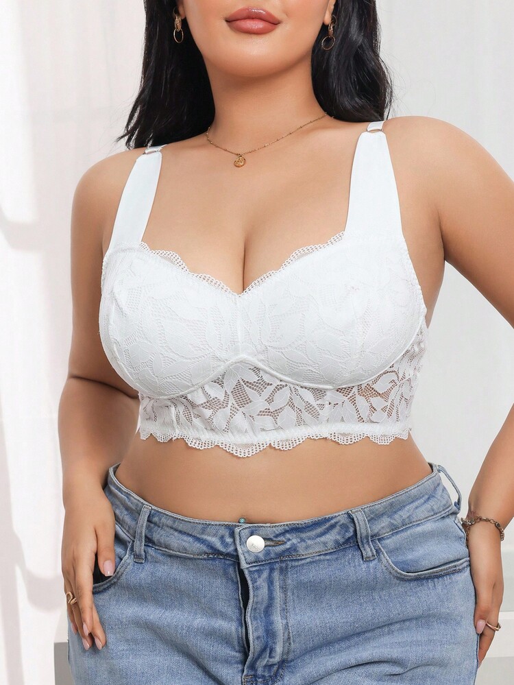 SHEIN 大码纯色宽肩带休闲蕾丝拼接无线文胸 - 白色 - 查看 4