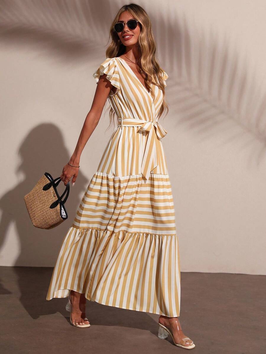 SHEIN LUNE 女士优雅时尚通勤休闲舒适迷人复古简约高端无袖荷叶边袖蝴蝶结腰收腰 V 领 A 字条纹下摆连衣裙 - 黃色 - 查看 1