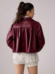 SHEIN MOD 女士时尚休闲 PU 皮革前扣立领夹克 - 酒紅色 - 查看 2