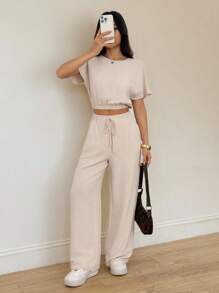 SHEIN PETITE Batwing Sleeve Crop Top & Drawstring Waist Pants Textured Fabric Two Pieces Two Pieces Set Beige Two Pieces Set Casual Two Pieces Set Comfortable Two Pieces Set Tall Two Pieces Set Two Pieces Pants Set Women Two Pieces Set - Apricot - View 6