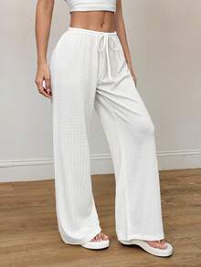 SHEIN PETITE Women's Summer New Knitted Texture Light White Casual Pants, Suitable For Vacation Wear, Autumn Winter Casual Home White Pants Women Summer Pants Comfy Pants Beach Pants Bathing Suit Cover Up Pants White Beach Pants - White - View 7