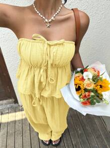 SHEIN EZwear Yellow Boho Two-Piece Outfit With Strapless Bandeau Top And Wide-Leg Pants Butter Yellow Two Piece Set - Yellow - View 3