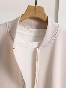 SHEIN Teens/Youth Basic Wear Casual Solid Color Zip-Up Jacket, All-Match Versatile Design Suitable For Commuting, School, Daily Casual, Travel, Outdoor Party, Sports, Bomber Jacket Casual Jacket Light Jacket Zip Up Jacket Fall Autumn And Winter Clothes - Apricot - View 5