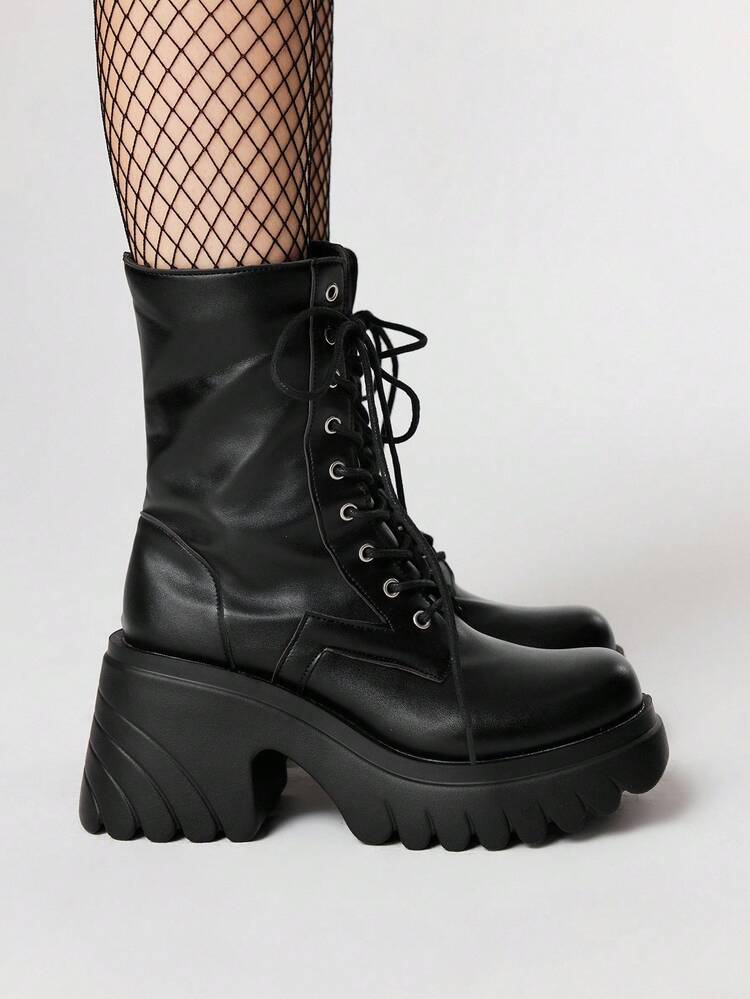 ROMWE Goth 女士厚底粗跟休闲中筒靴，百搭日常穿着 - 黑色 - 查看 4