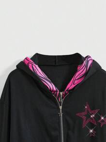 ROMWE J-Fashion Zebra Print Patchwork Black Rhinestone Decor Loose Fit Star Graphic Oversized Sweatshirt - Black - View 4