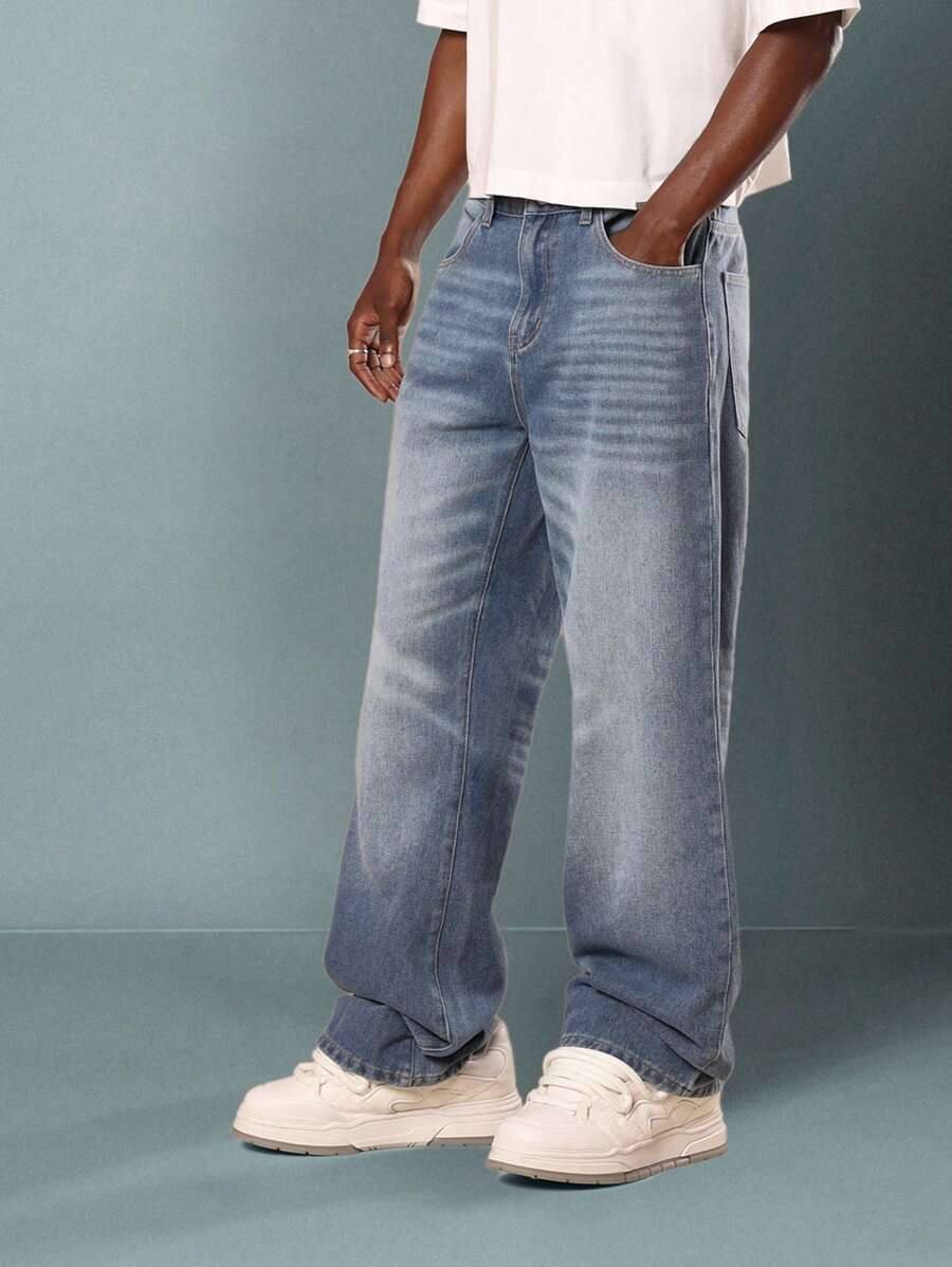 SUMWON引领潮流的喇叭牛仔裤，高腰复古Y2K风格，都市街头风，秋冬阔腿裤，经典五口袋设计，纯色款 - 藍色 - 查看 1