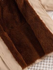 SHEIN Vintaside Kids 女婴冬季时尚休闲简约单排扣卡其色长袖连帽风衣外套，带棕色毛皮衬里，适合上学、日常拍摄、旅行