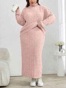 Conjunto de dos piezas de suéter de cuello alto de punto de cable y falda